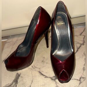 Stuwart Weitzman red metallic leather peep toe heel 9.5 Christmas holiday formal
